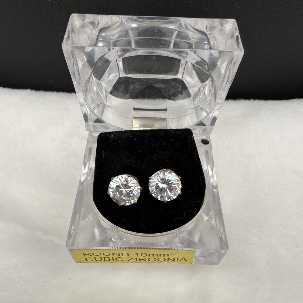Vintage Estate Earrings Gold Round Cubic Zirconia Studs 10mm